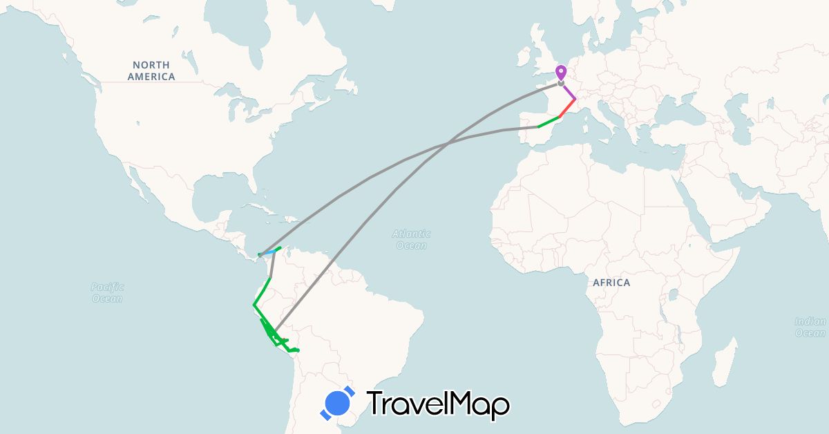 TravelMap itinerary: driving, bus, plane, train, hiking, boat in Bolivia, Colombia, Ecuador, Spain, France, Panama, Peru (Europe, North America, South America)
